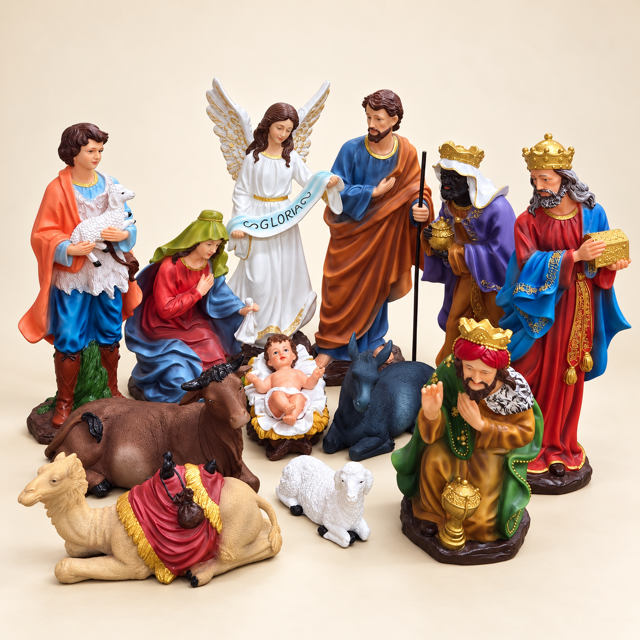 Gloria Nativity set with the Holy Family and an angel